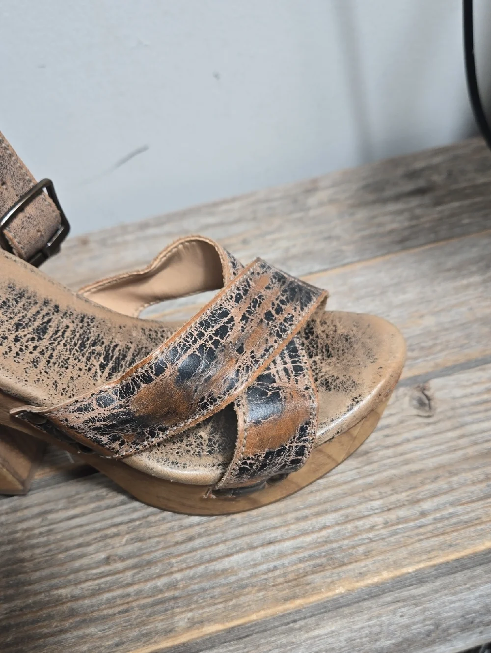 Bed Stu Distressed Vintage-Inspired Brown Platform Boho  Sandal with Wood Heel